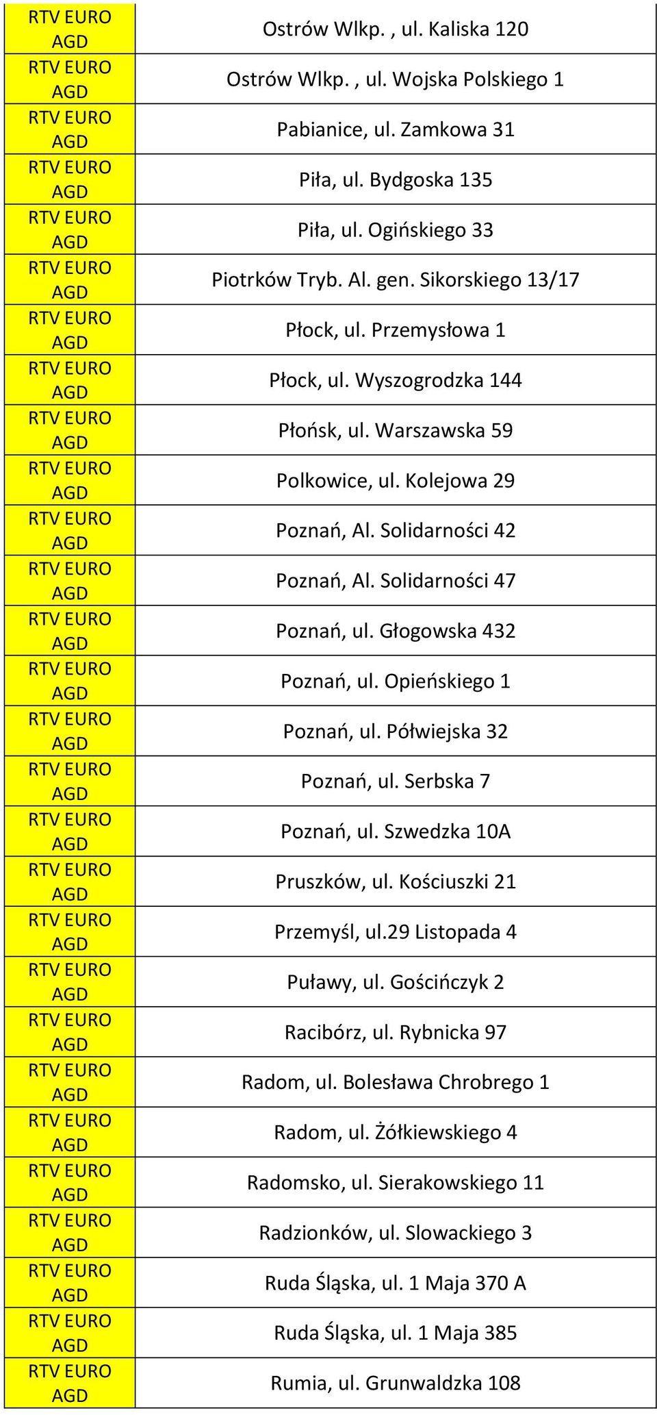 Opieńskiego 1 Poznań, ul. Półwiejska 32 Poznań, ul. Serbska 7 Poznań, ul. Szwedzka 10A Pruszków, ul. Kościuszki 21 Przemyśl, ul.29 Listopada 4 Puławy, ul. Gościńczyk 2 Racibórz, ul.