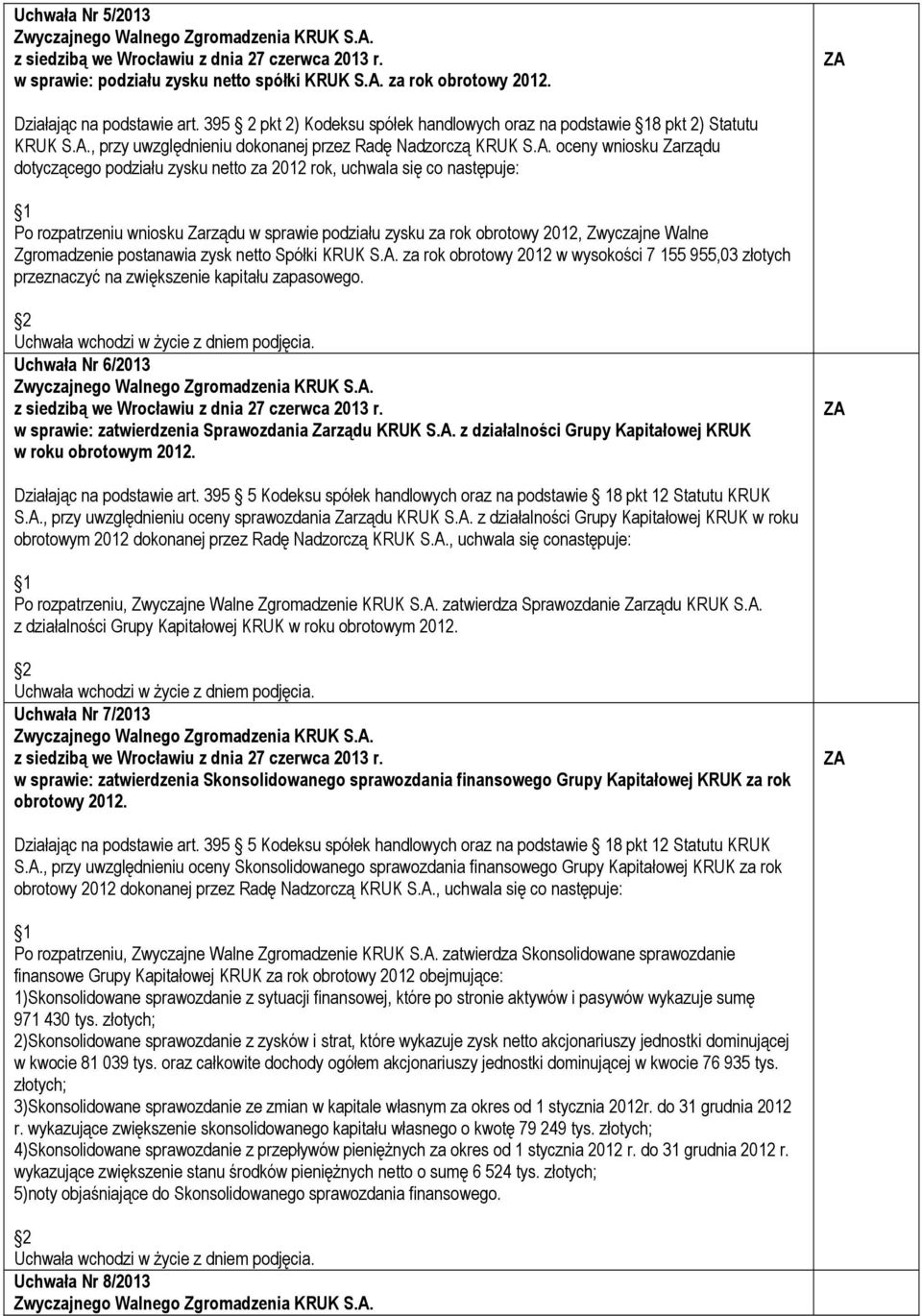 Zgromadzenie postanawia zysk netto Spółki KRUK S.A. za rok obrotowy 2012 w wysokości 7 155 955,03 złotych przeznaczyć na zwiększenie kapitału zapasowego.