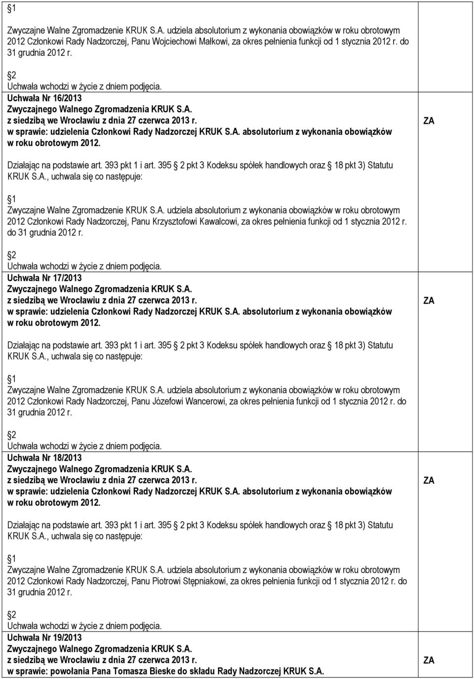 Uchwała Nr 16/2013 w sprawie: udzielenia Członkowi Rady Nadzorczej KRUK S.A. absolutorium z wykonania obowiązków w roku obrotowym 2012. Działając na podstawie art. 393 pkt 1 i art.