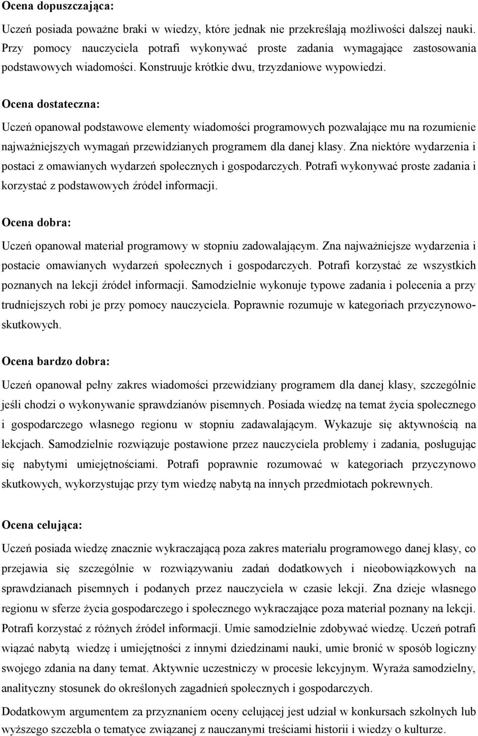 Ocena dostateczna: Uczeń opanował podstawowe elementy wiadomości programowych pozwalające mu na rozumienie najważniejszych wymagań przewidzianych programem dla danej klasy.