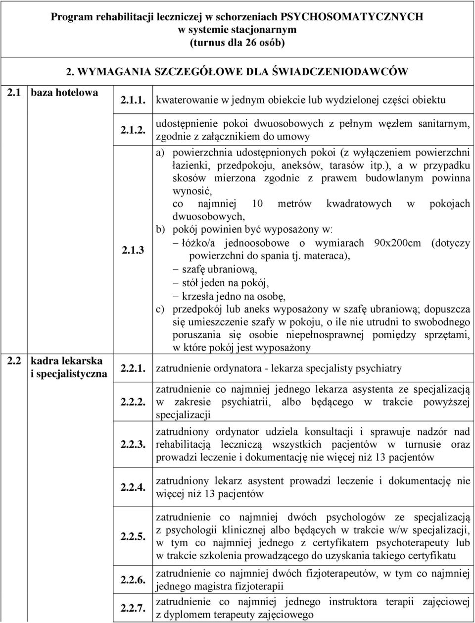 1. kwaterowanie w jednym obiekcie lub wydzielonej części obiektu 2.1.2. 2.1.3 udostępnienie pokoi dwuosobowych z pełnym węzłem sanitarnym, zgodnie z załącznikiem do umowy a) powierzchnia