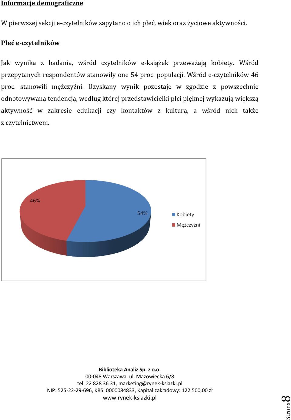 Wśród przepytanych respondentów stanowiły one 54 proc. populacji. Wśród e-czytelników 46 proc. stanowili mężczyźni.