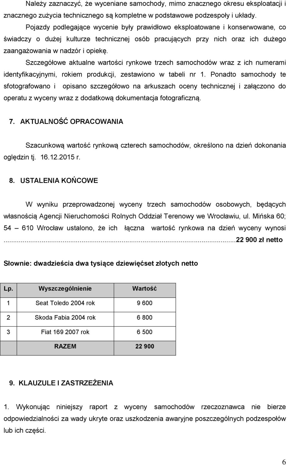 Szczegółowe aktualne wartości rynkowe trzech samochodów wraz z ich numerami identyfikacyjnymi, rokiem produkcji, zestawiono w tabeli nr 1.