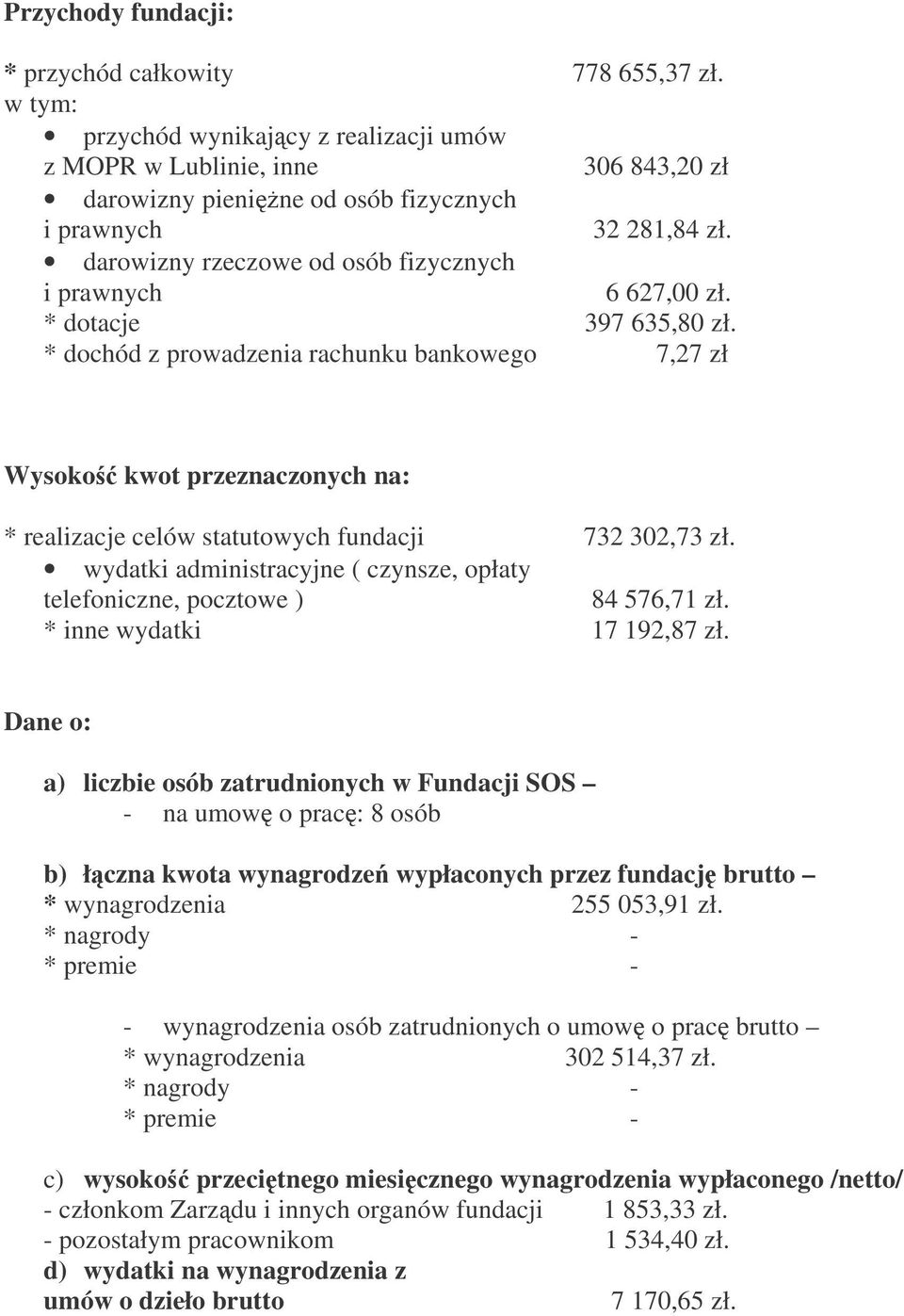 * dochód z prowadzenia rachunku bankowego 7,27 zł Wysoko kwot przeznaczonych na: * realizacje celów statutowych fundacji 732 302,73 zł.