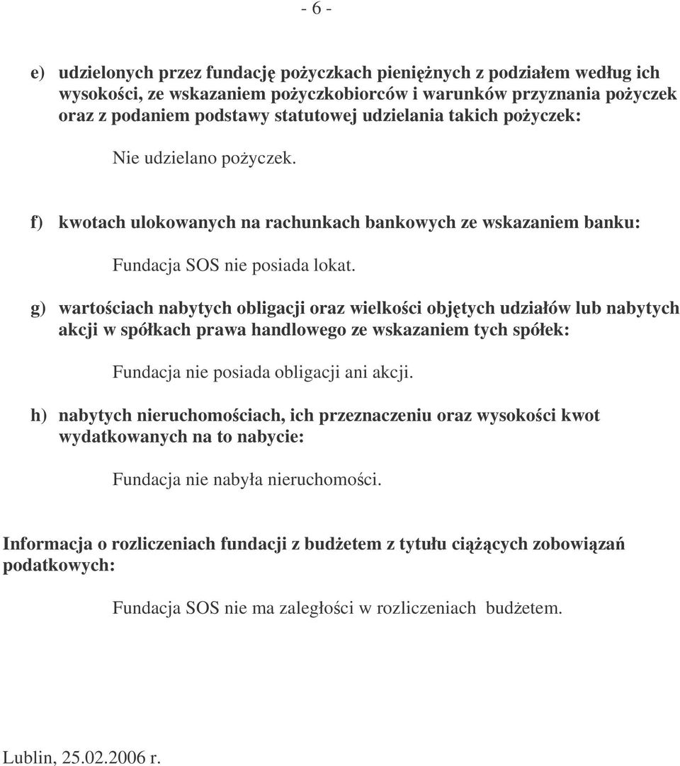 g) wartociach nabytych obligacji oraz wielkoci objtych udziałów lub nabytych akcji w spółkach prawa handlowego ze wskazaniem tych spółek: Fundacja nie posiada obligacji ani akcji.