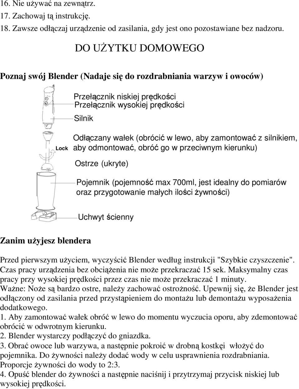 zamontować z silnikiem, aby odmontować, obróć go w przeciwnym kierunku) Ostrze (ukryte) Pojemnik (pojemność max 700ml, jest idealny do pomiarów oraz przygotowanie małych ilości żywności) Uchwyt