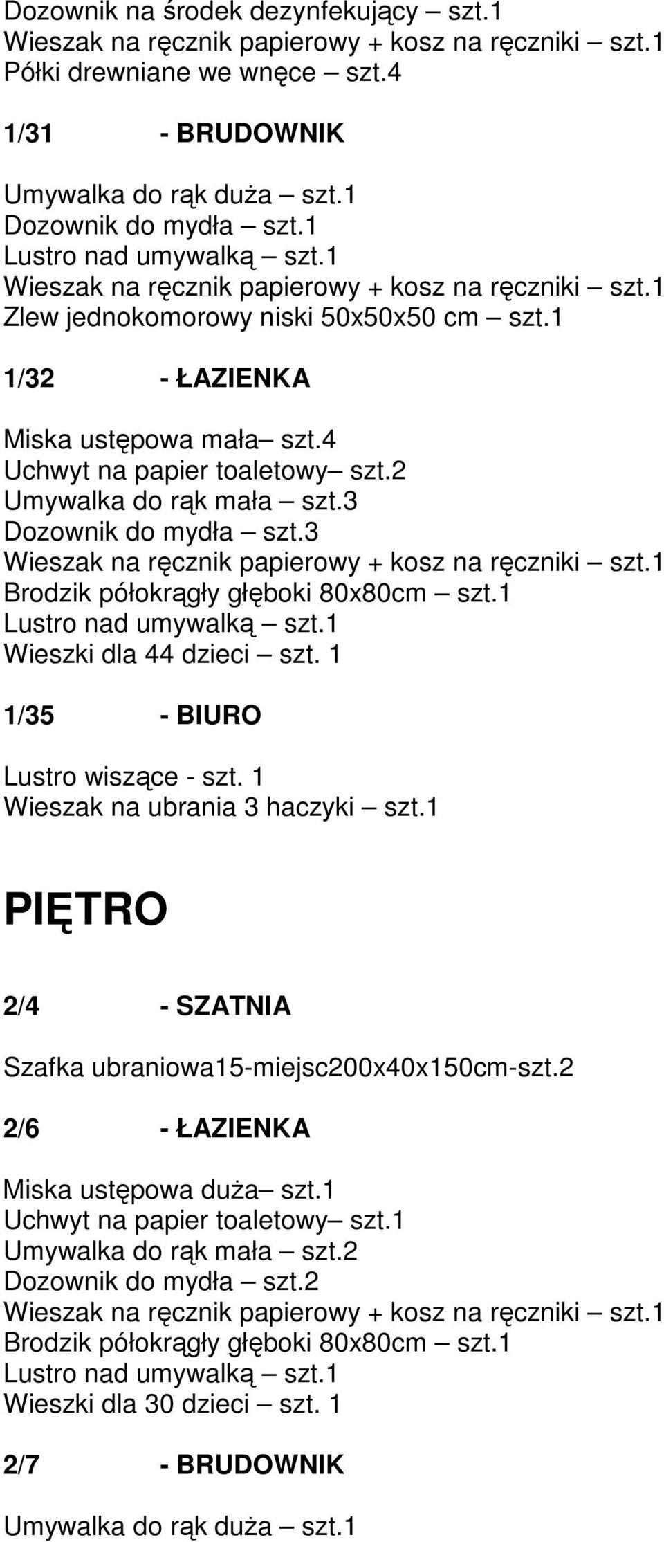 3 Brodzik półokrągły głęboki 80x80cm szt.1 Wieszki dla 44 dzieci szt. 1 1/35 - BIURO Lustro wiszące - szt. 1 Wieszak na ubrania 3 haczyki szt.