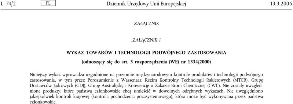 Wassenaar, Reżim Kontrolny Technologii Rakietowych (MTCR), Grupę Dostawców Jądrowych (GDJ), Grupę Australijską i Konwencję o Zakazie Broni Chemicznej (CWC).