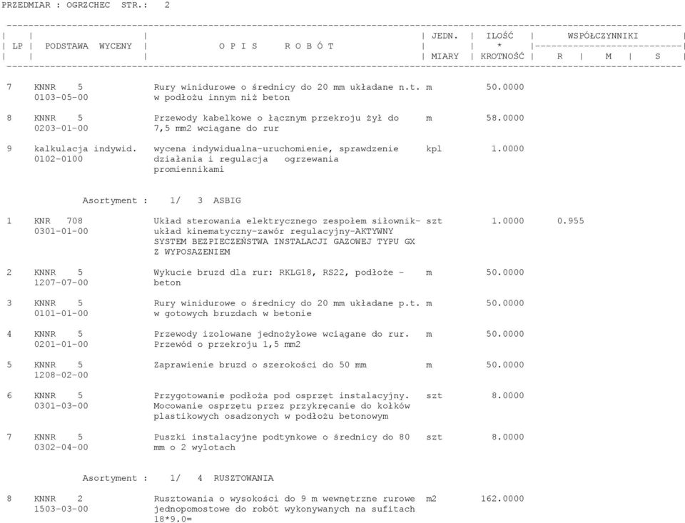 0000 0103-05-00 w podłożu innym niż beton 8 KNNR 5 Przewody kabelkowe o łącznym przekroju żył do m 58.0000 0203-01-00 7,5 mm2 wciągane do rur 9 kalkulacja indywid.