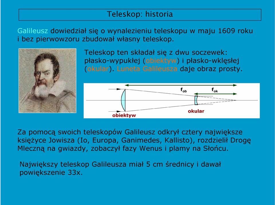 f ob f ok obiektyw okular Za pomocą swoich teleskopów Galileusz odkrył cztery największe księŝyce Jowisza (Io, Europa, Ganimedes,