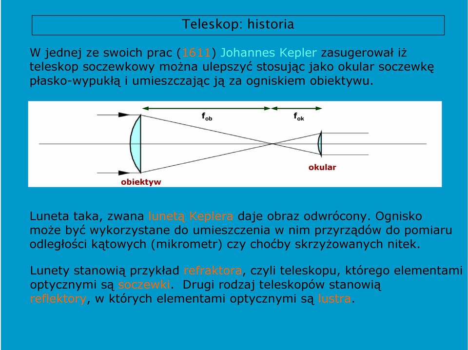 Ognisko moŝe być wykorzystane do umieszczenia w nim przyrządów do pomiaru odległości kątowych (mikrometr) czy choćby skrzyŝowanych nitek.