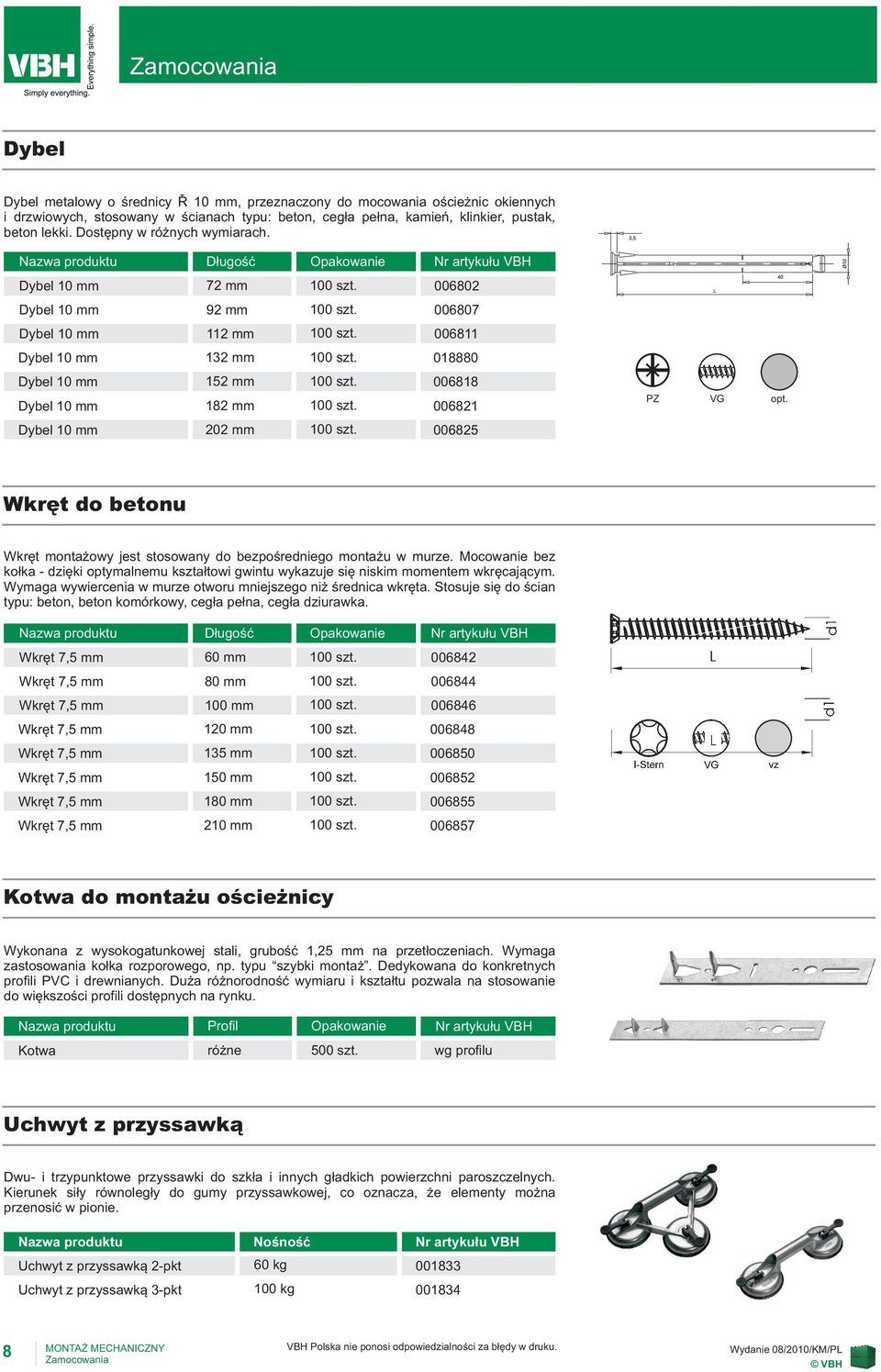 018880 Dybel 10 mm 152 mm 100 szt. 006818 Dybel 10 mm 182 mm 100 szt. 006821 PZ VG opt. Dybel 10 mm 202 mm 100 szt.