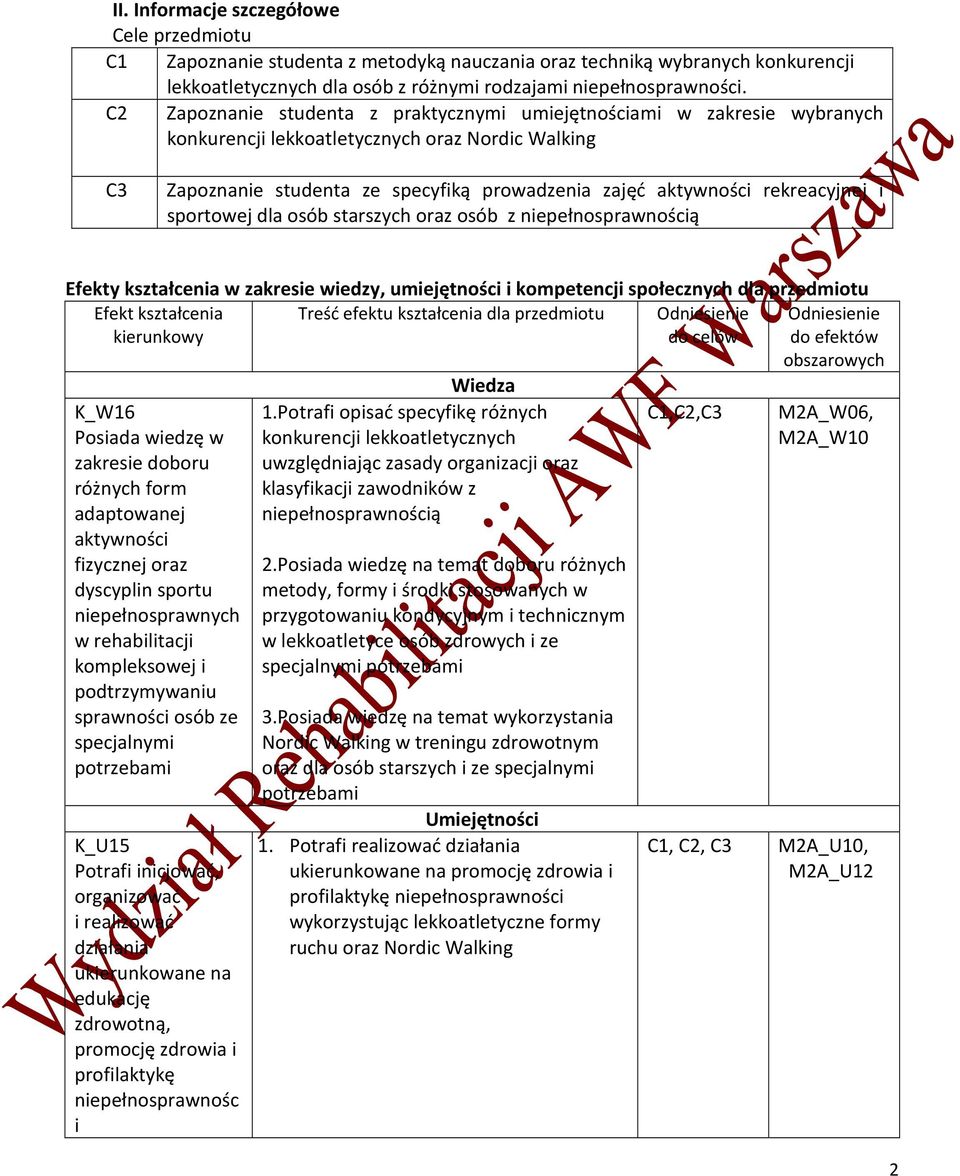 rekreacyjnej i sportowej dla osób starszych oraz osób z niepełnosprawnością Efekty kształcenia w zakresie wiedzy, umiejętności i kompetencji społecznych dla przedmiotu Efekt kształcenia kierunkowy