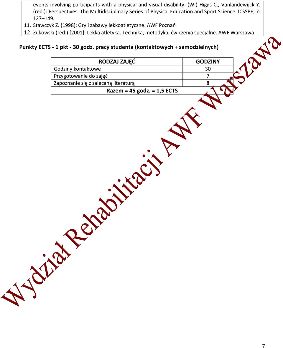 AWF Poznań 12. Żukowski (red.) [2001]: Lekka atletyka. Technika, metodyka, ćwiczenia specjalne. AWF Warszawa Punkty ECTS - 1 pkt - 30 godz.