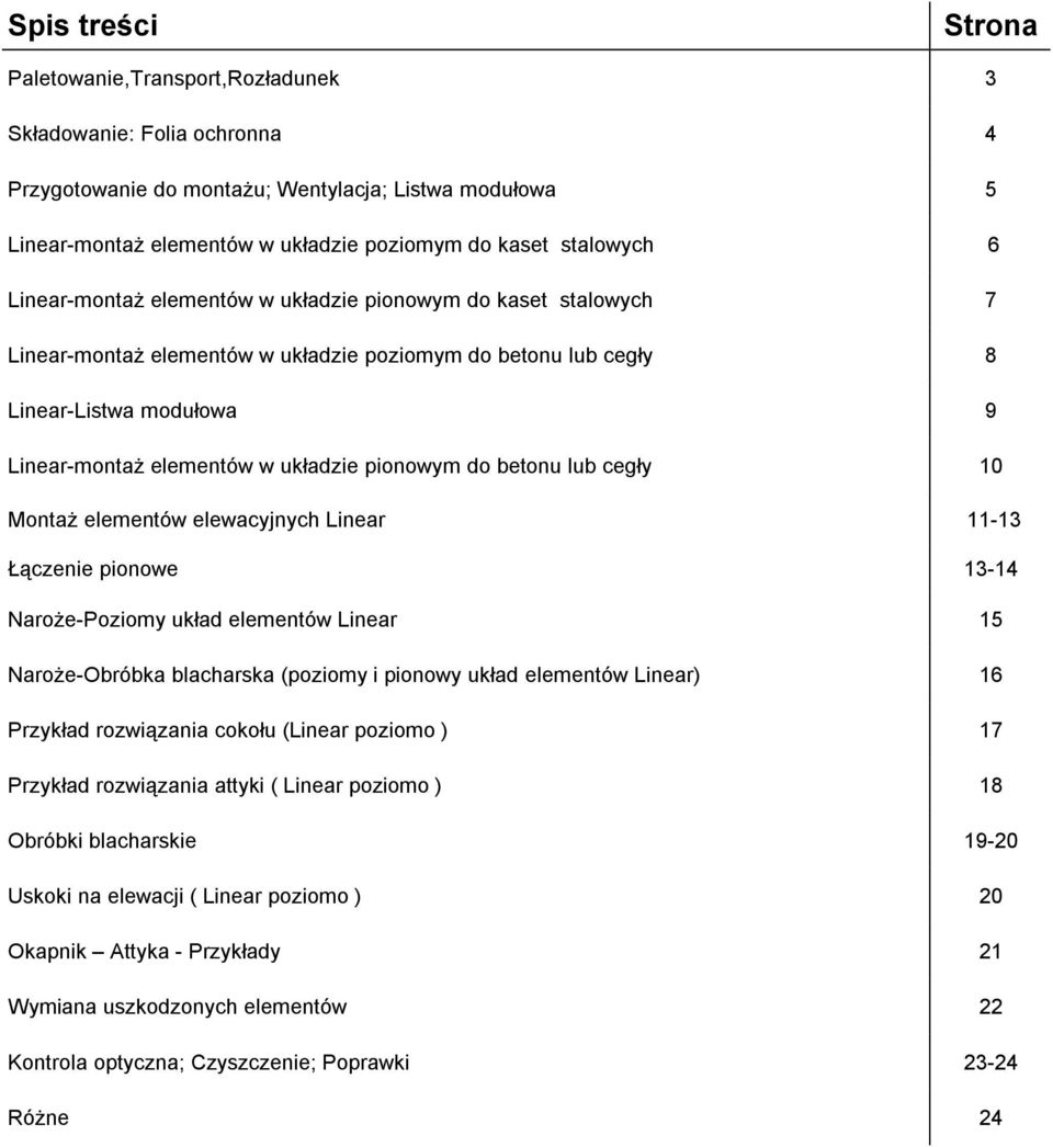 układzie pionowym do betonu lub cegły 10 Montaż elementów elewacyjnych Linear 11-13 Łączenie pionowe 13-14 Naroże-Poziomy układ elementów Linear 15 Naroże-Obróbka blacharska (poziomy i pionowy układ