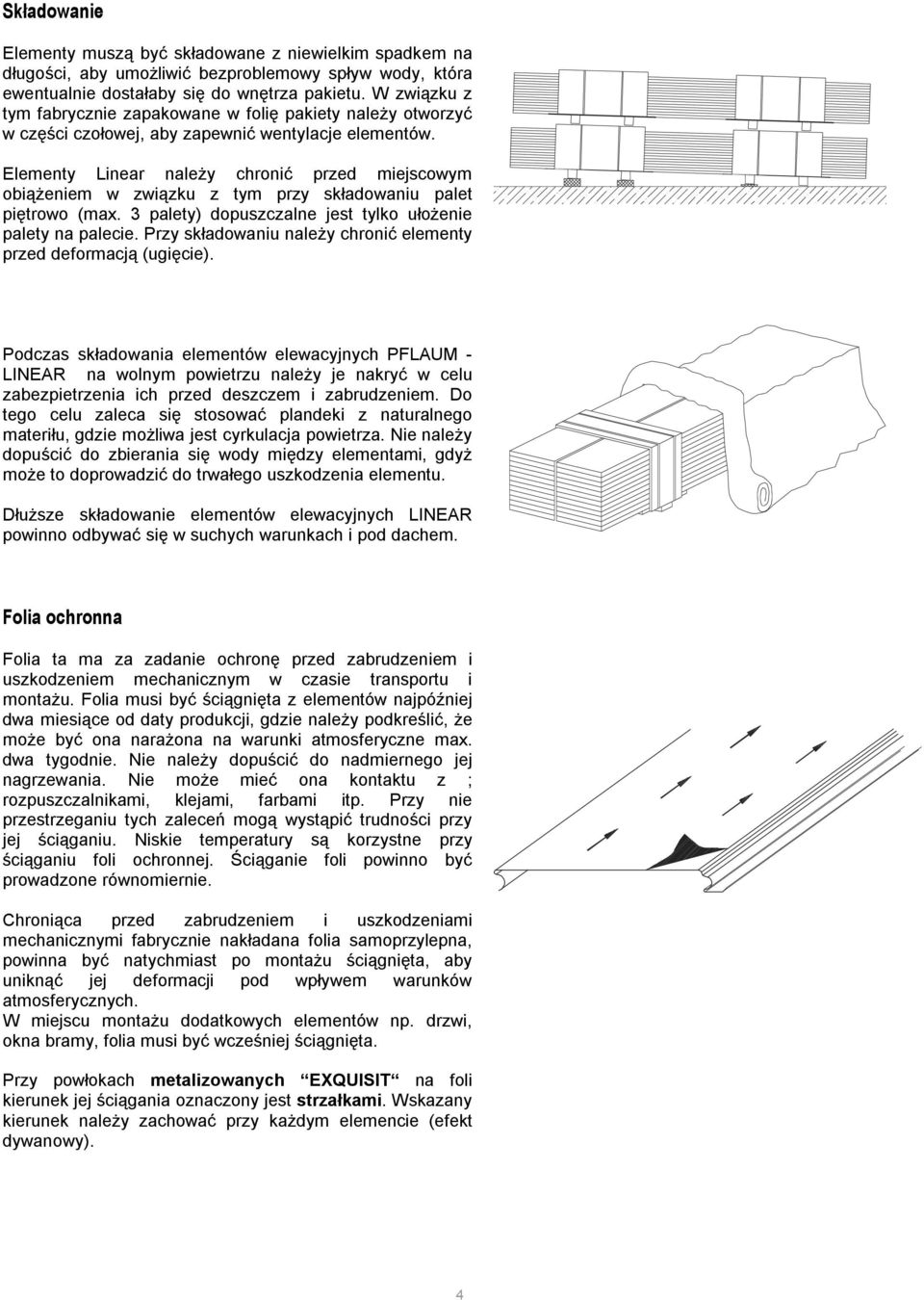 Elementy Linear należy chronić przed miejscowym obiążeniem w związku z tym przy składowaniu palet piętrowo (max. 3 palety) dopuszczalne jest tylko ułożenie palety na palecie.