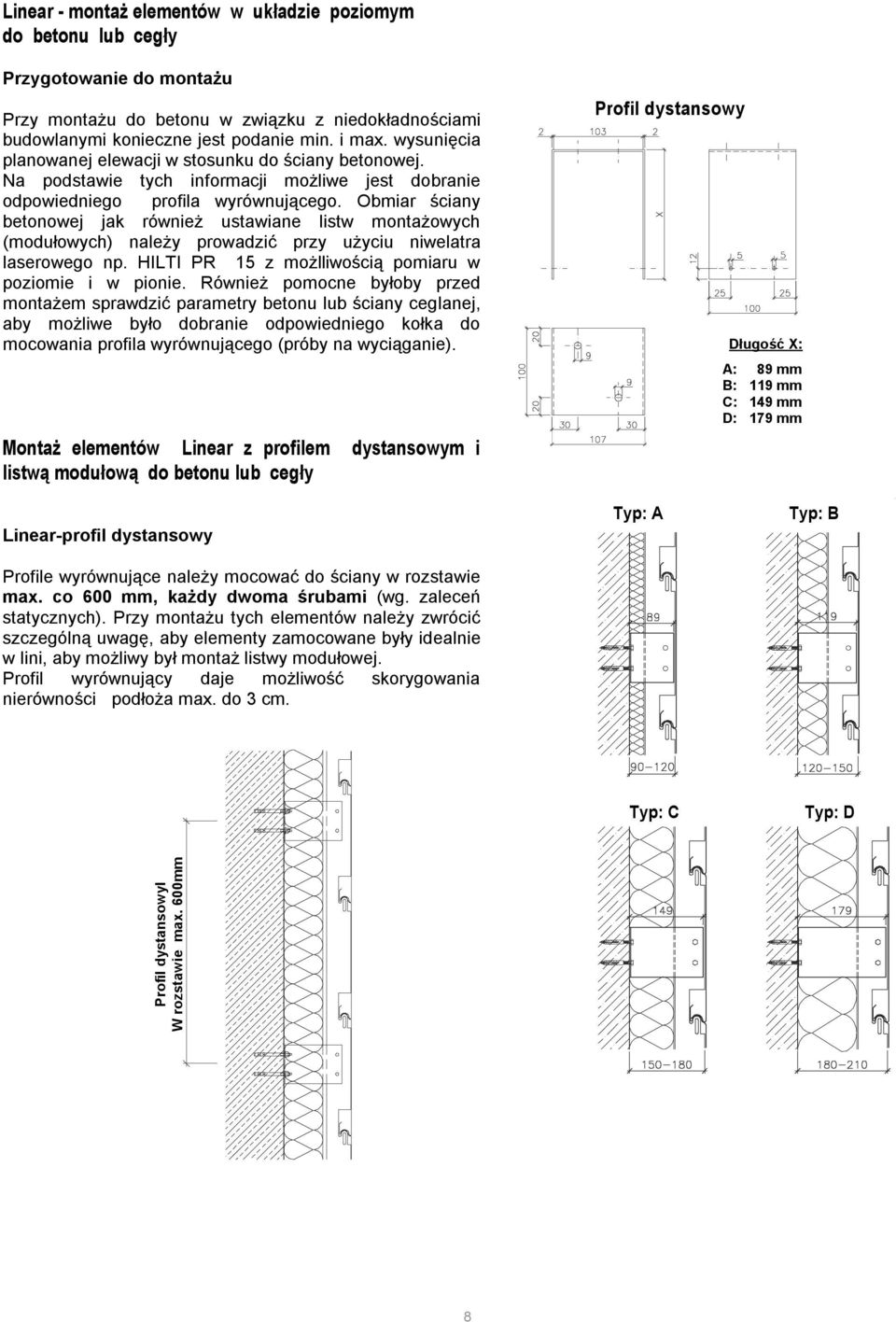 Obmiar ściany betonowej jak również ustawiane listw montażowych (modułowych) należy prowadzić przy użyciu niwelatra laserowego np. HILTI PR 15 z możlliwością pomiaru w poziomie i w pionie.