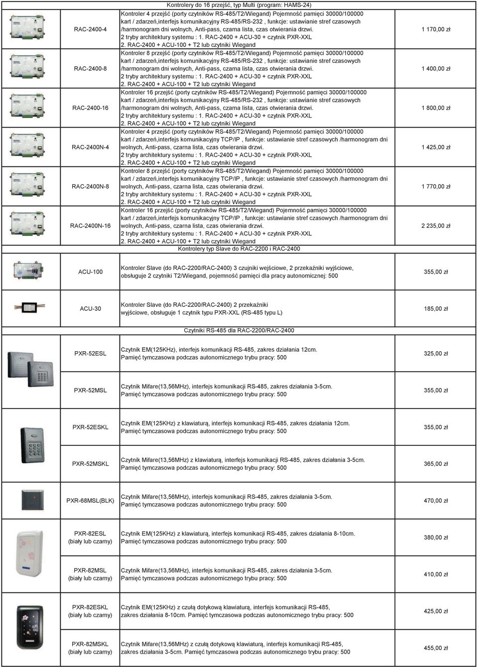 Kontroler 8 przejść (porty czytników RS-485/T2/Wiegand) Pojemność pamięci  Kontroler 16 przejść (porty czytników RS-485/T2/Wiegand) Pojemność pamięci  Kontroler 4 przejść (porty czytników