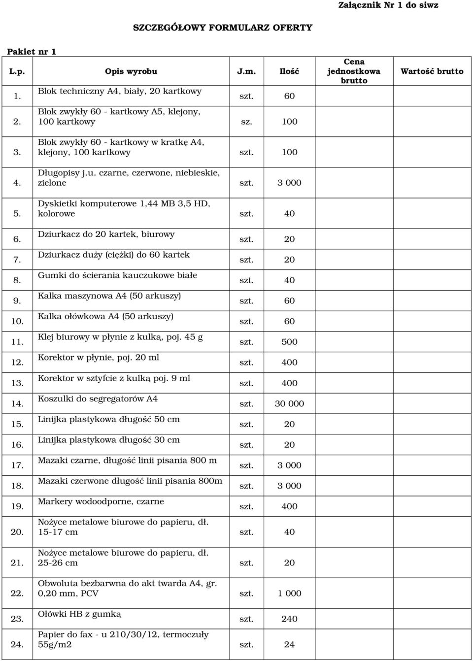 3 000 Dyskietki komputerowe 1,44 MB 3,5 HD, kolorowe Dziurkacz do 20 kartek, biurowy Dziurkacz duży (ciężki) do 60 kartek Gumki do ścierania kauczukowe białe Kalka maszynowa A4 (50 arkuszy) Kalka