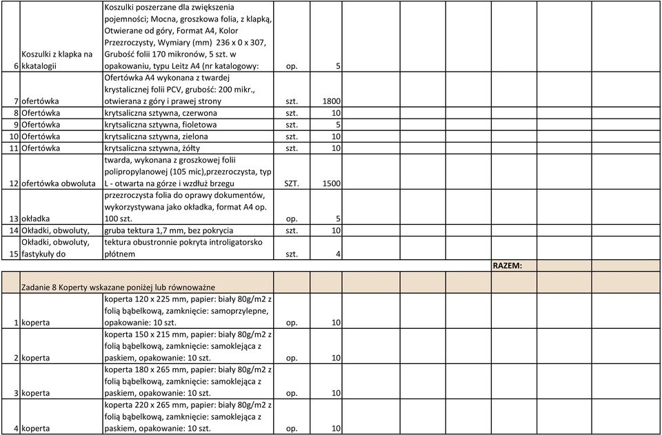1800 7 ofertówka 8 Ofertówka krytsaliczna sztywna, czerwona szt. 10 9 Ofertówka krytsaliczna sztywna, fioletowa szt. 5 10 Ofertówka krytsaliczna sztywna, zielona szt.