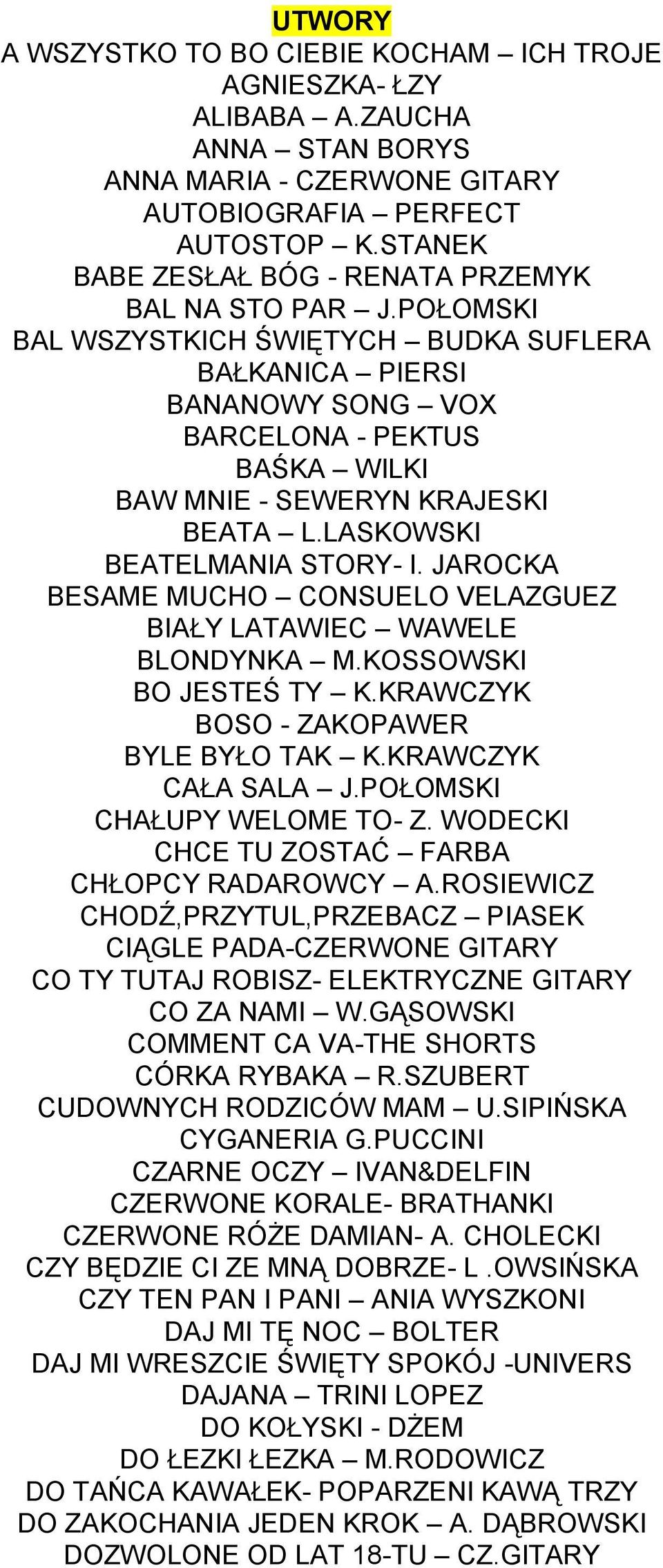 POŁOMSKI BAL WSZYSTKICH ŚWIĘTYCH BUDKA SUFLERA BAŁKANICA PIERSI BANANOWY SONG VOX BARCELONA - PEKTUS BAŚKA WILKI BAW MNIE - SEWERYN KRAJESKI BEATA L.LASKOWSKI BEATELMANIA STORY- I.