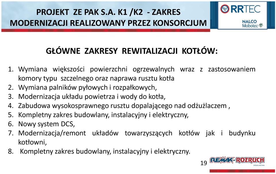 Wymiana palników pyłowych i rozpałkowych, 3. Modernizacja układu powietrza i wody do kotła, 4.