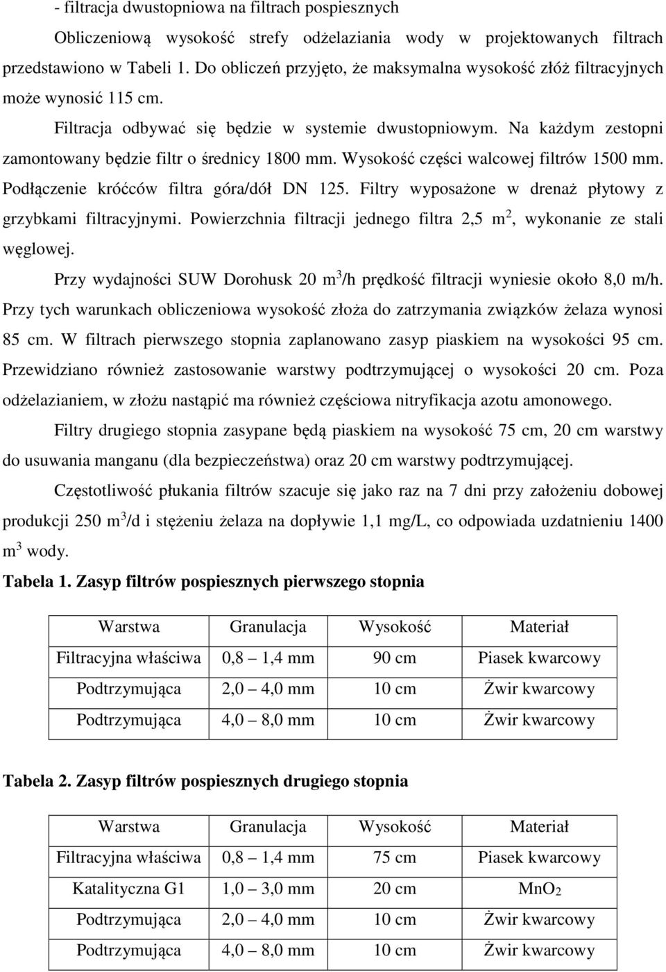 Na każdym zestopni zamontowany będzie filtr o średnicy 1800 mm. Wysokość części walcowej filtrów 1500 mm. Podłączenie króćców filtra góra/dół DN 125.