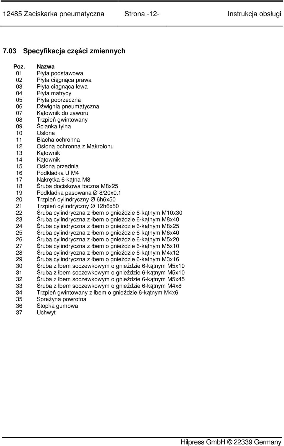 słona 11 Blacha ochronna 12 słona ochronna z Makrolonu 13 Kątownik 14 Kątownik 15 słona przednia 16 Podkładka U M4 17 Nakrętka 6-kątna M8 18 Śruba dociskowa toczna M8x25 19 Podkładka pasowana Ø