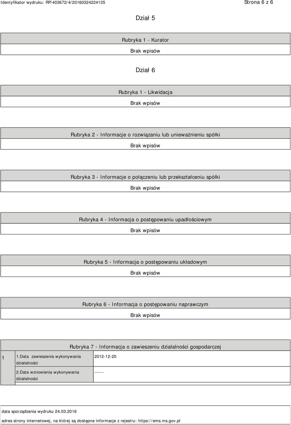 o postępowaniu naprawczym Rubryka 7 - Informacja o zawieszeniu działalności gospodarczej 1 1.Data zawieszenia wykonywania działalności 2.