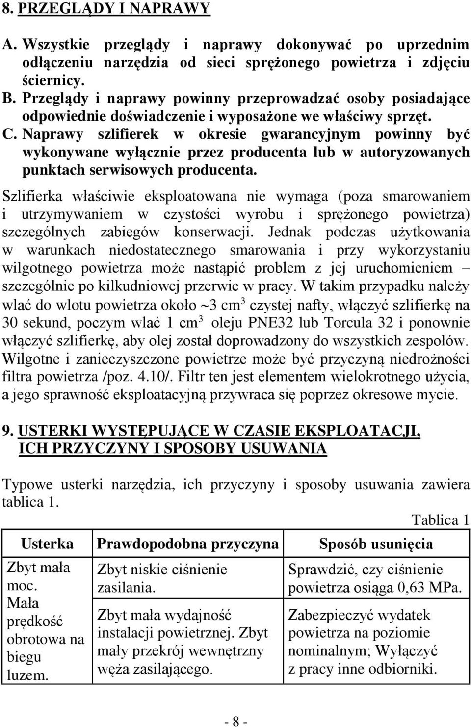 Naprawy szlifierek w okresie gwarancyjnym powinny być wykonywane wyłącznie przez producenta lub w autoryzowanych punktach serwisowych producenta.