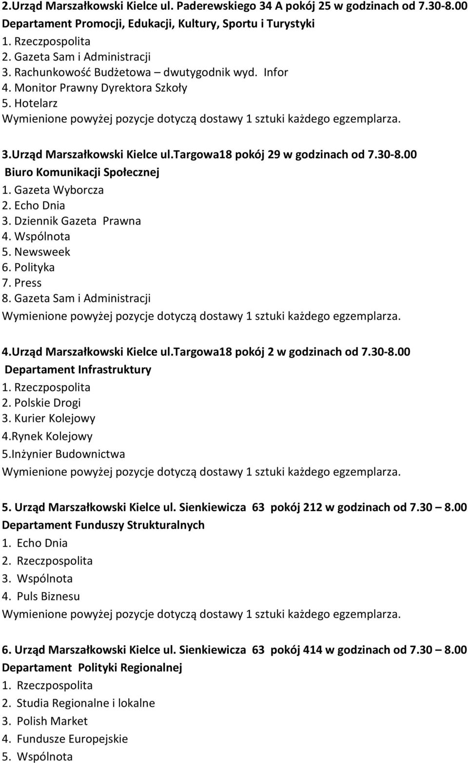 Gazeta Wyborcza 2. Echo Dnia 3. Dziennik Gazeta Prawna 4. Wspólnota 5. Newsweek 6. Polityka 7. Press 8. Gazeta Sam i Administracji 4.Urząd Marszałkowski Kielce ul.targowa18 pokój 2 w godzinach od 7.