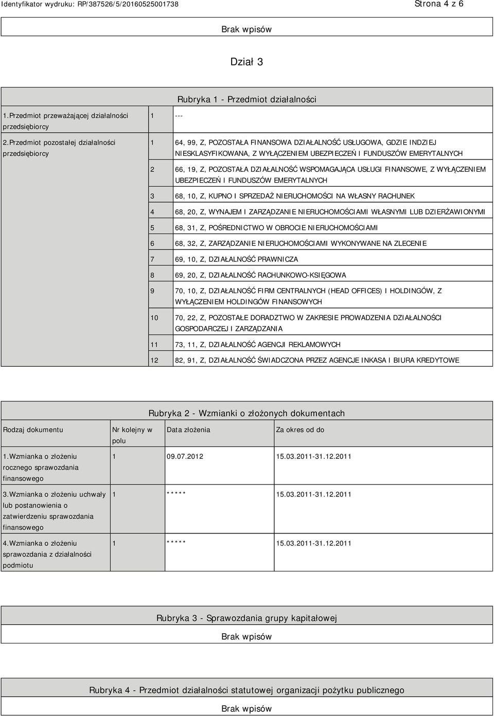 Z, POZOSTAŁA DZIAŁALNOŚĆ WSPOMAGAJĄCA USŁUGI FINANSOWE, Z WYŁĄCZEM UBEZPIECZEŃ I FUNDUSZÓW EMERYTALNYCH 3 68, 10, Z, KUPNO I SPRZEDAŻ RUCHOMOŚCI NA WŁASNY RACHUNEK 4 68, 20, Z, WYNAJEM I ZARZĄDZA