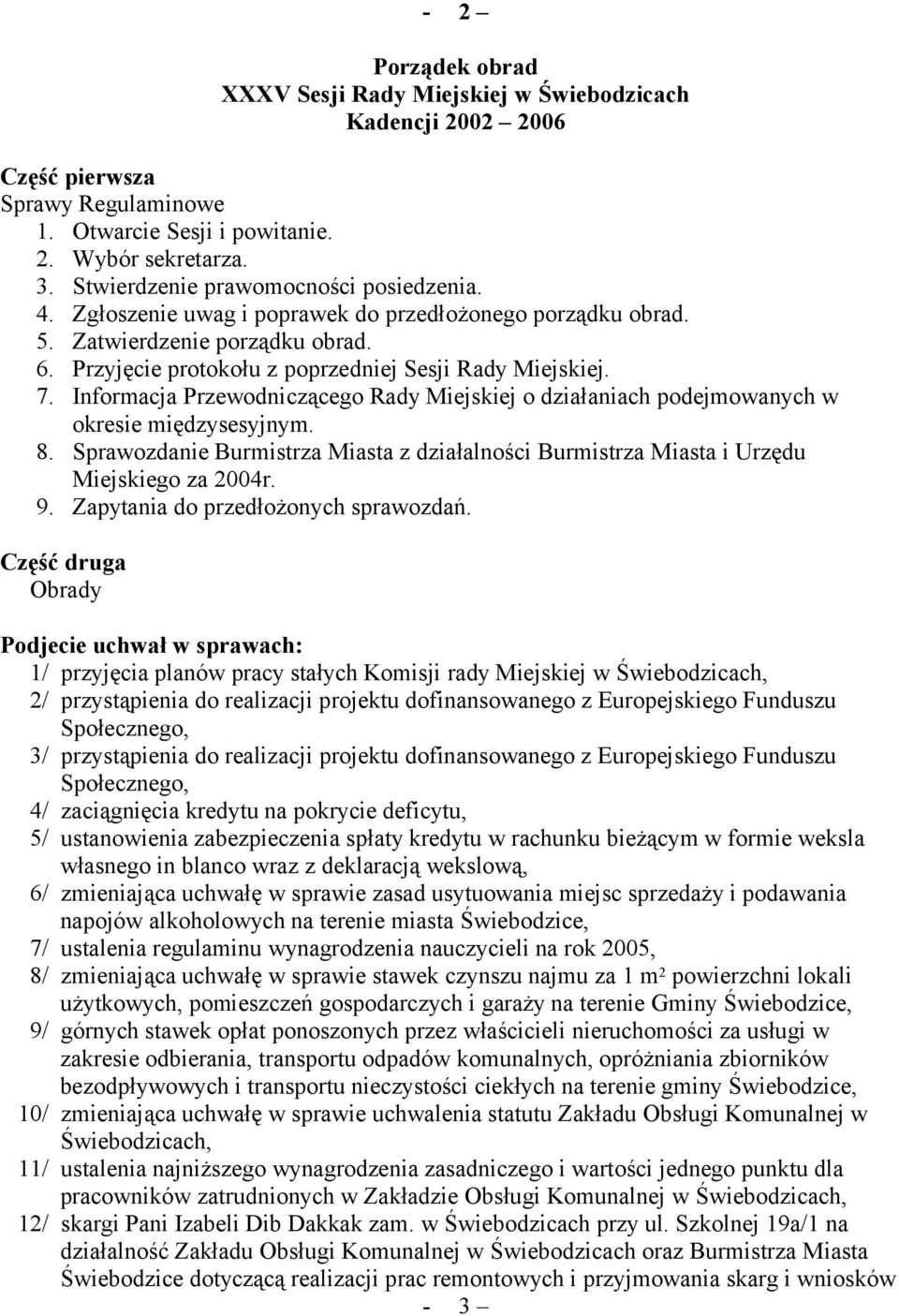 Informacja Przewodniczącego Rady Miejskiej o działaniach podejmowanych w okresie międzysesyjnym. 8. Sprawozdanie Burmistrza Miasta z działalności Burmistrza Miasta i Urzędu Miejskiego za 2004r. 9.