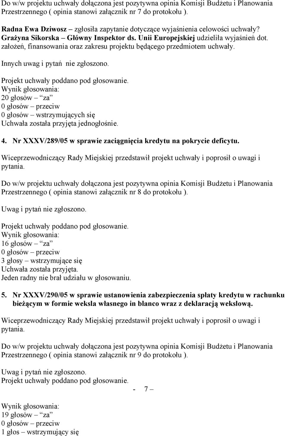 założeń, finansowania oraz zakresu projektu będącego przedmiotem uchwały. Innych uwag i pytań nie zgłoszono. 4. Nr XXXV/289/05 w sprawie zaciągnięcia kredytu na pokrycie deficytu.