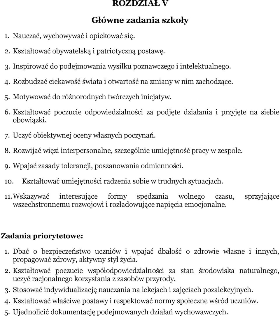 Kształtować poczucie odpowiedzialności za podjęte działania i przyjęte na siebie obowiązki. 7. Uczyć obiektywnej oceny własnych poczynań. 8.