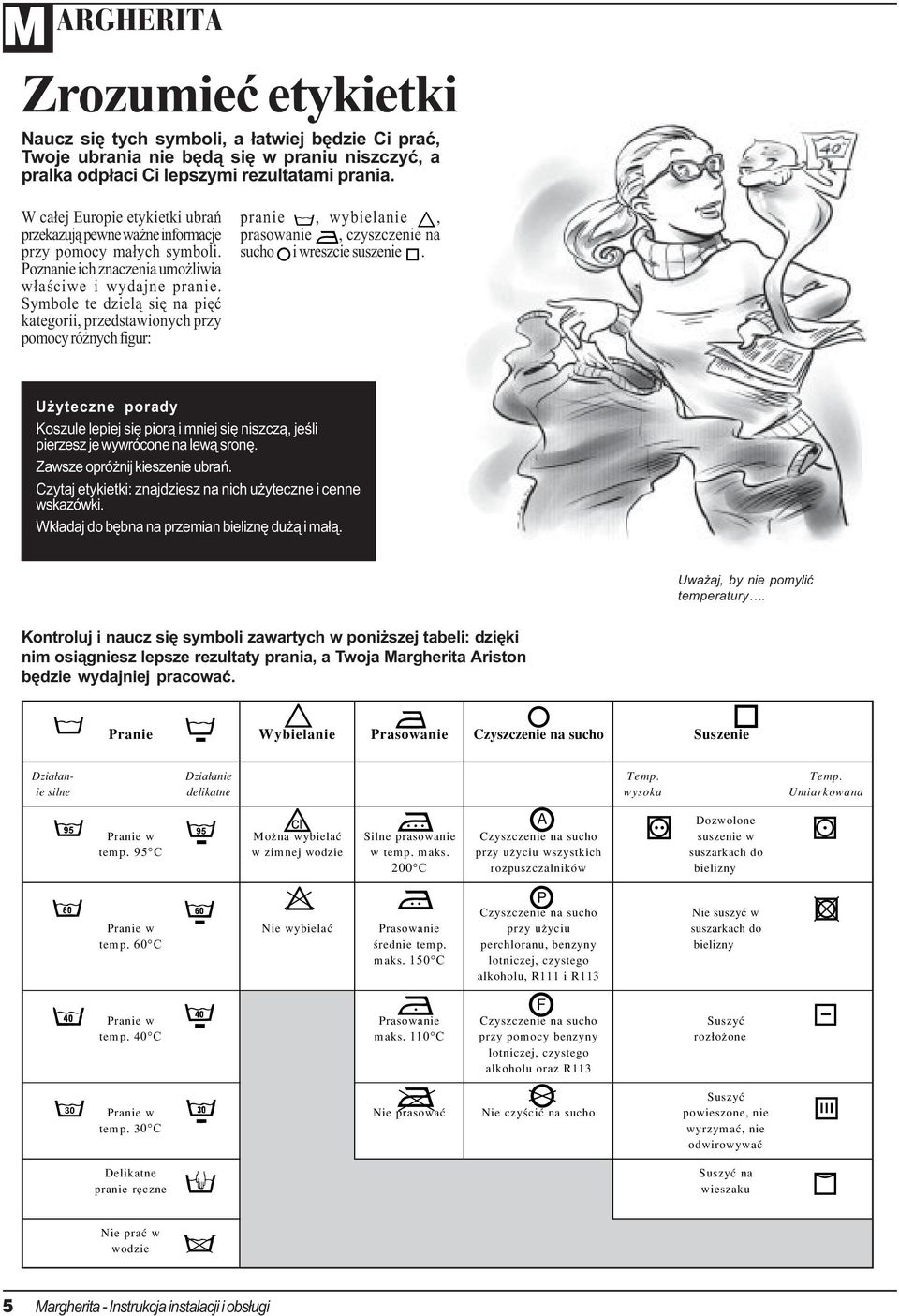 Symbole te dziel¹ siê na piêæ kategorii, przedstawionych przy pomocy ró nych figur: pranie, wybielanie, prasowanie, czyszczenie na sucho i wreszcie suszenie.