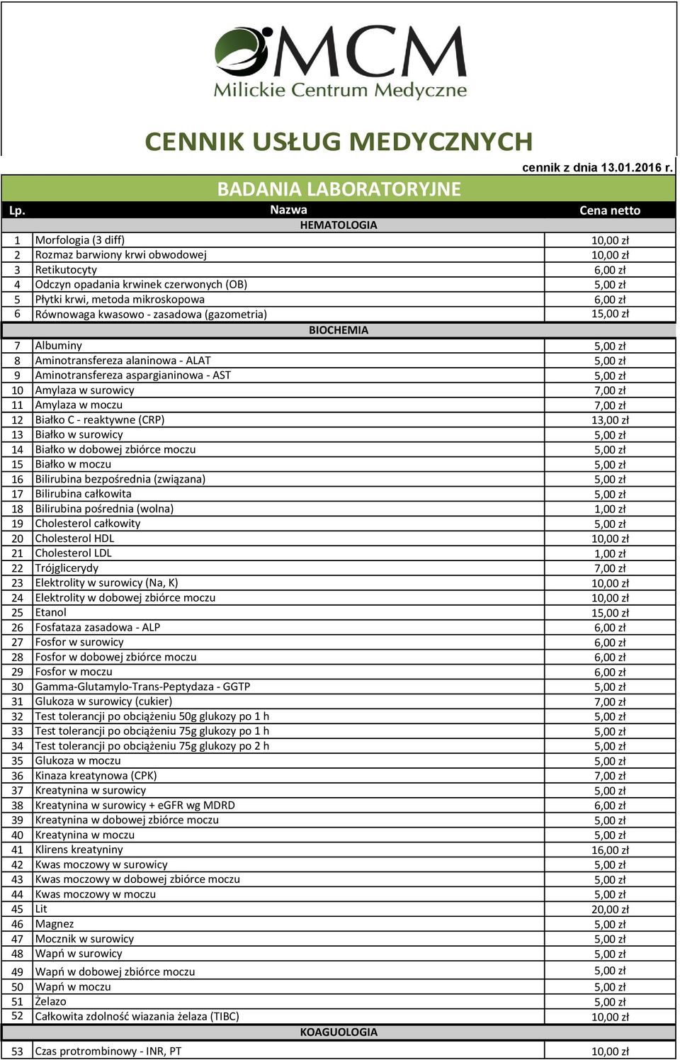 zasadowa (gazometria) 1 BIOCHEMIA 7 Albuminy 8 Aminotransfereza alaninowa - ALAT 9 Aminotransfereza aspargianinowa - AST 10 Amylaza w surowicy 11 Amylaza w moczu 12 Białko C - reaktywne (CRP) 13,00
