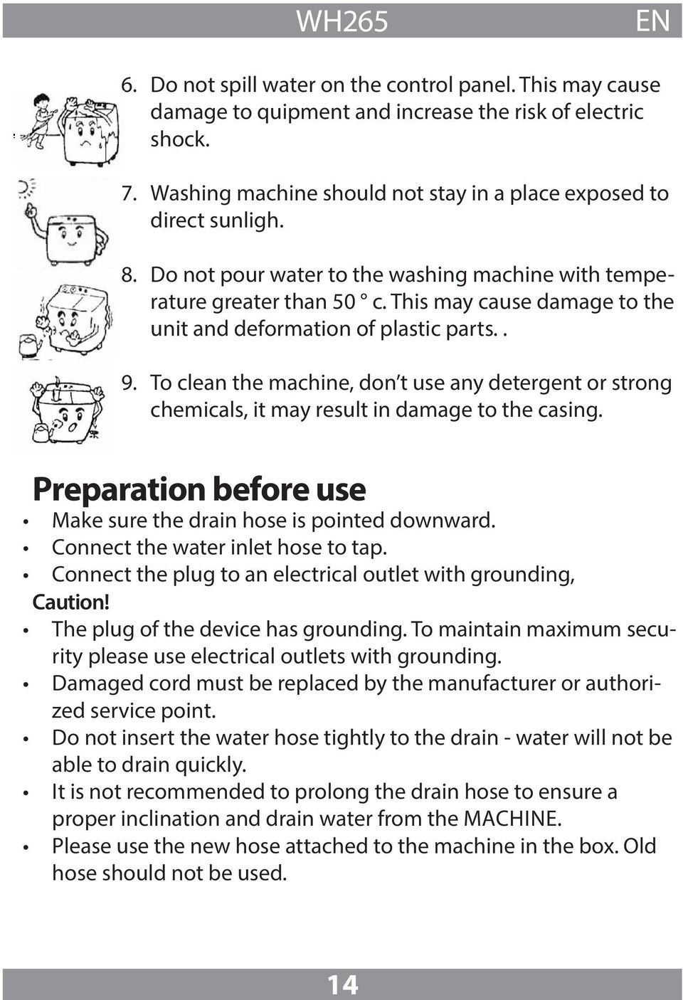 To clean the machine, don t use any detergent or strong chemicals, it may result in damage to the casing. Preparation before use Make sure the drain hose is pointed downward.