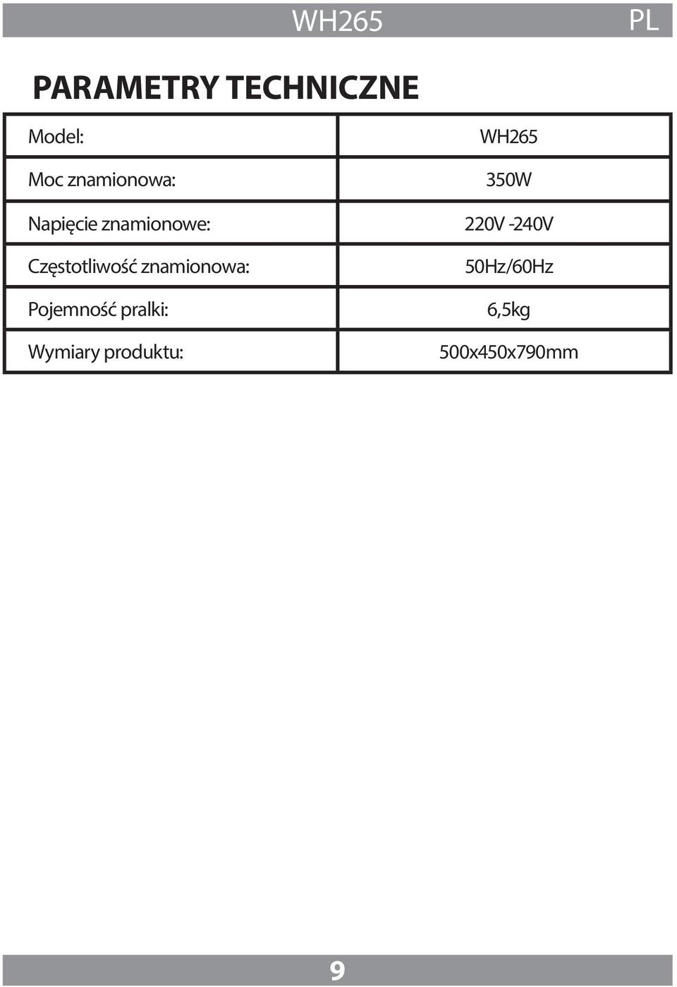 Częstotliwość znamionowa: Pojemność pralki: