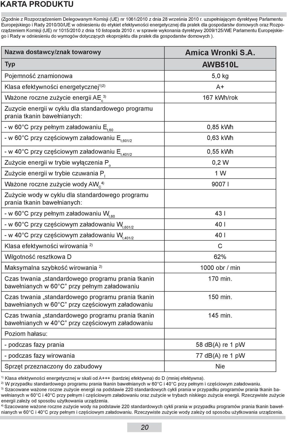 1015/2010 z dnia 10 listopada 2010 r. w sprawie wykonania dyrektywy 2009/125/WE Parlamentu Europejskiego i Rady w odniesieniu do wymogów dotyczących ekoprojektu dla pralek dla gospodarstw domowych ).