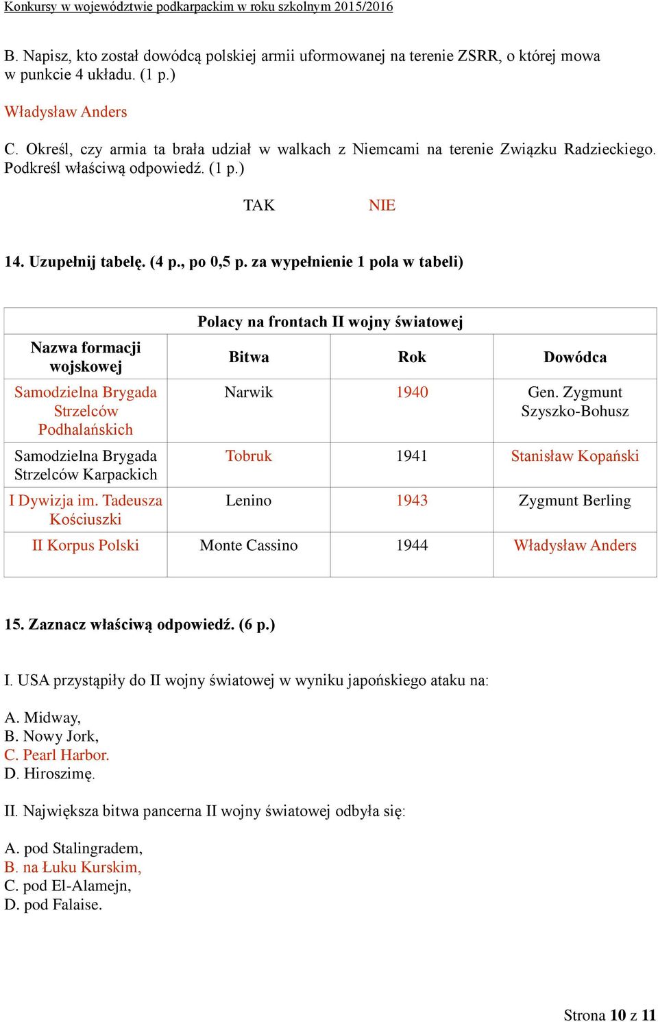 za wypełnienie 1 pola w tabeli) Nazwa formacji wojskowej Samodzielna Brygada Strzelców Podhalańskich Samodzielna Brygada Strzelców Karpackich I Dywizja im.