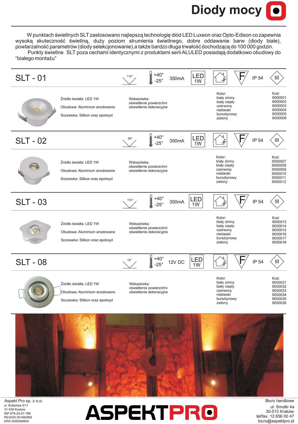 Punkty œwietlne SLT poza cechami identycznymi z produktami serii ALULED posiadaj¹ dodatkowo obudowy do bia³ego monta u SLT - 01 110 ród³o œwiat³a: LED anodowane -25 350mA 60 ród³o œwiat³a: LED
