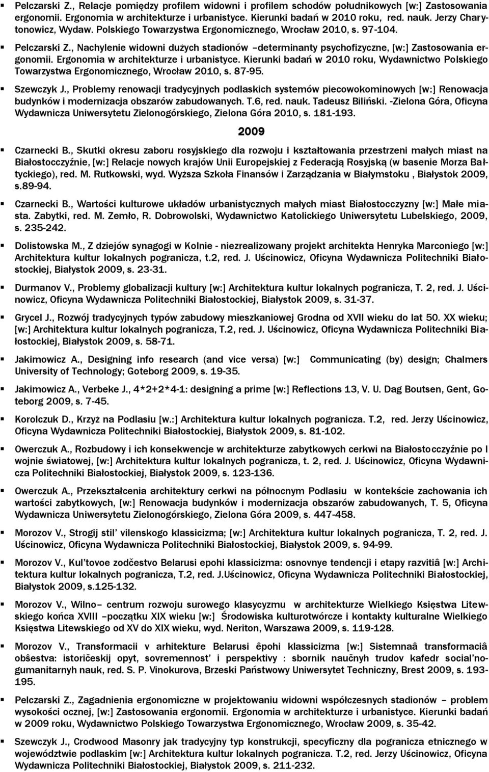Ergonomia w architekturze i urbanistyce. Kierunki badań w 2010 roku, Wydawnictwo Polskiego Towarzystwa Ergonomicznego, Wrocław 2010, s. 87-95. Szewczyk J.