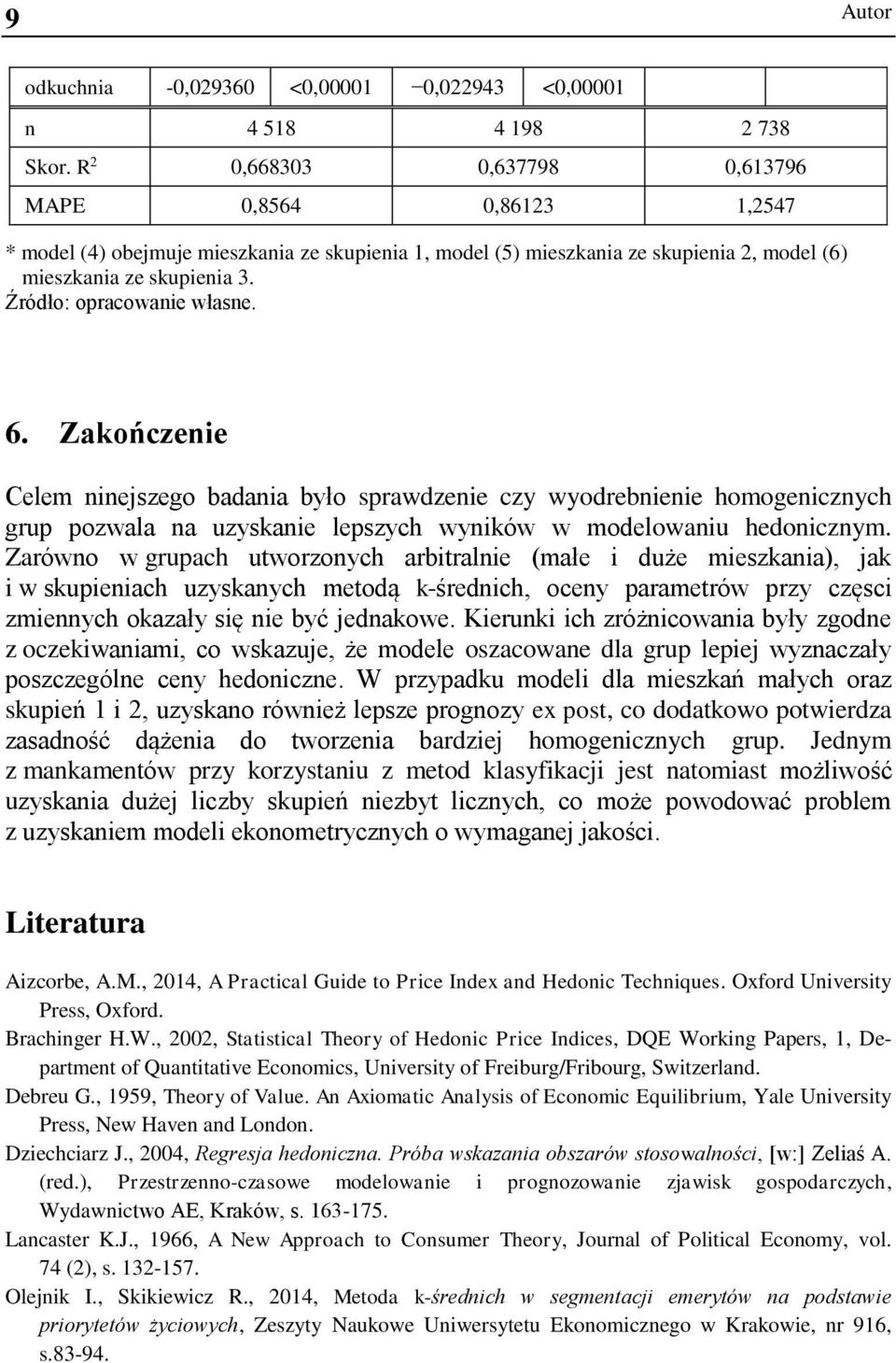 Źródło: opracowanie własne. 6. Zakończenie Celem ninejszego badania było sprawdzenie czy wyodrebnienie homogenicznych grup pozwala na uzyskanie lepszych wyników w modelowaniu hedonicznym.