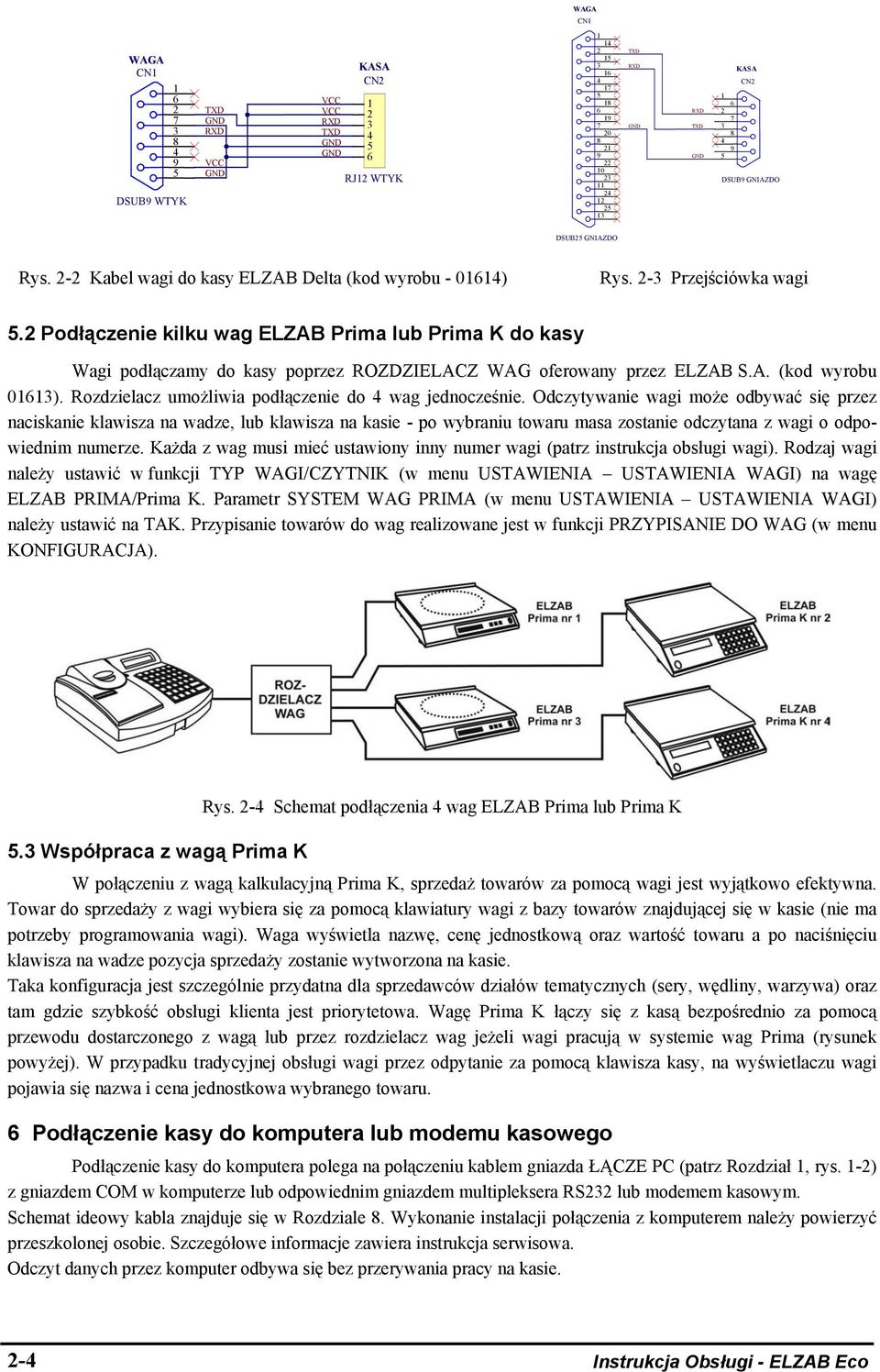 2 Podłączenie kilku wag ELZAB Prima lub Prima K do kasy Wagi podłączamy do kasy poprzez ROZDZIELACZ WAG oferowany przez ELZAB S.A. (kod wyrobu 01613).