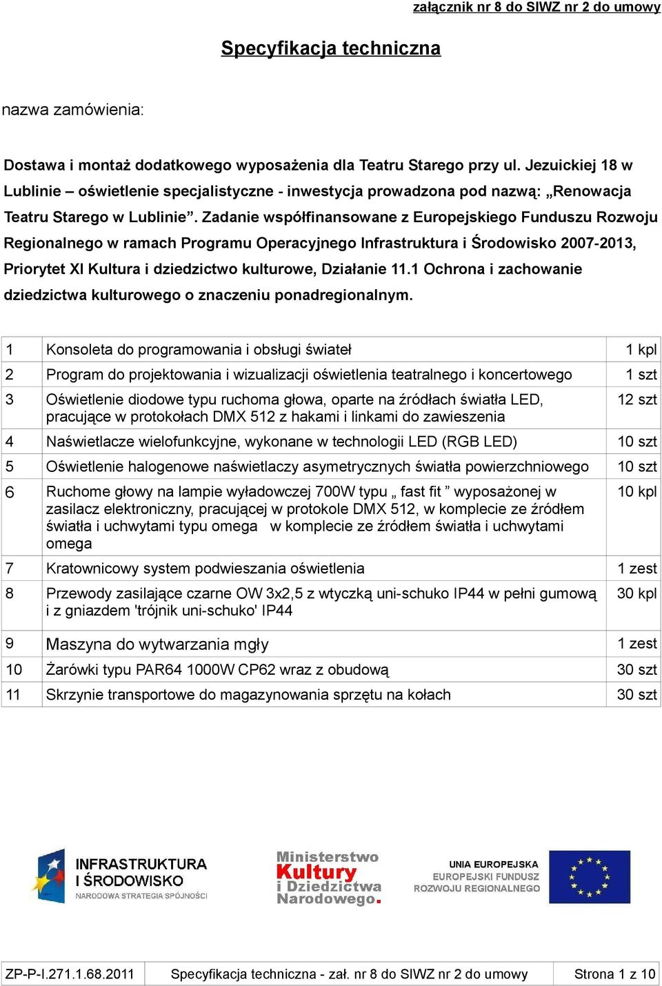 Zadanie współfinansowane z Europejskiego Funduszu Rozwoju Regionalnego w ramach Programu Operacyjnego Infrastruktura i Środowisko 2007-2013, Priorytet XI Kultura i dziedzictwo kulturowe, Działanie 11.