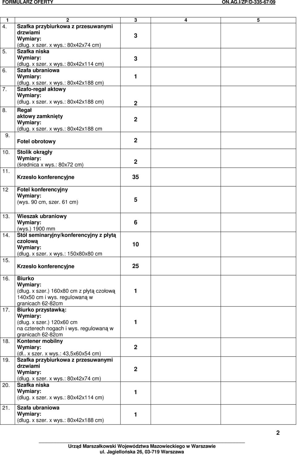 Krzesło konferencyjne 5 Fotel konferencyjny (wys. 90 cm, szer. 6 cm) 5. Wieszak ubraniowy 6 (wys.) 900 mm 4. Stół seminaryjny/konferencyjny z płyt czołow 0 (dług. x szer. x wys.: 50x80x80 cm 5.