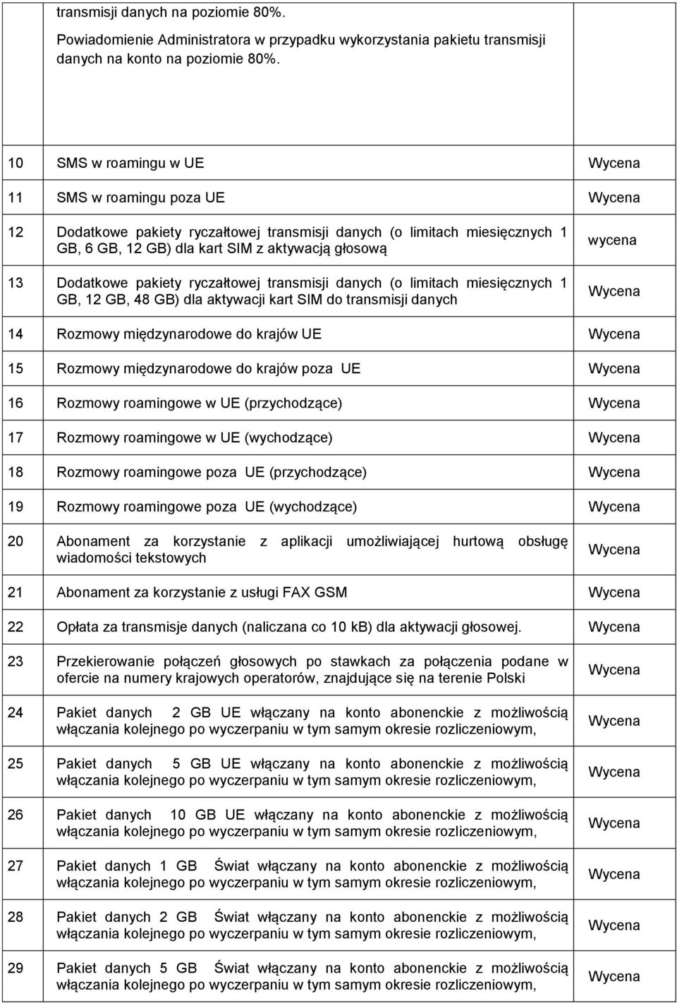 ryczałtowej transmisji danych (o limitach miesięcznych 1 GB, 12 GB, 48 GB) dla aktywacji kart SIM do transmisji danych wycena 14 Rozmowy międzynarodowe do krajów UE 15 Rozmowy międzynarodowe do