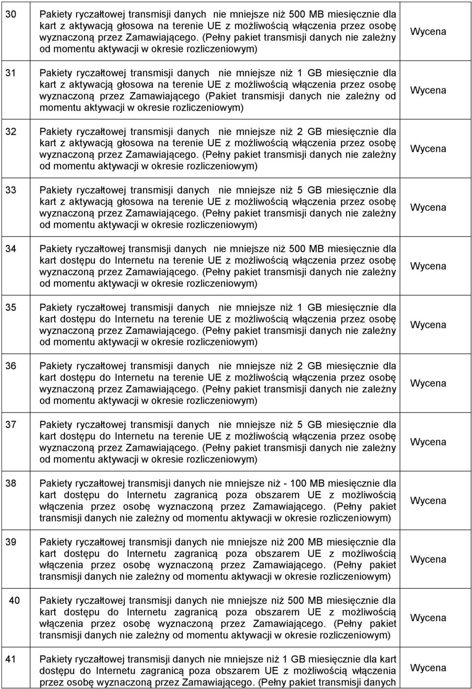 aktywacji w okresie rozliczeniowym) 32 Pakiety ryczałtowej transmisji danych nie mniejsze niż 2 GB miesięcznie dla kart z aktywacją głosowa na terenie UE z możliwością włączenia przez osobę 33