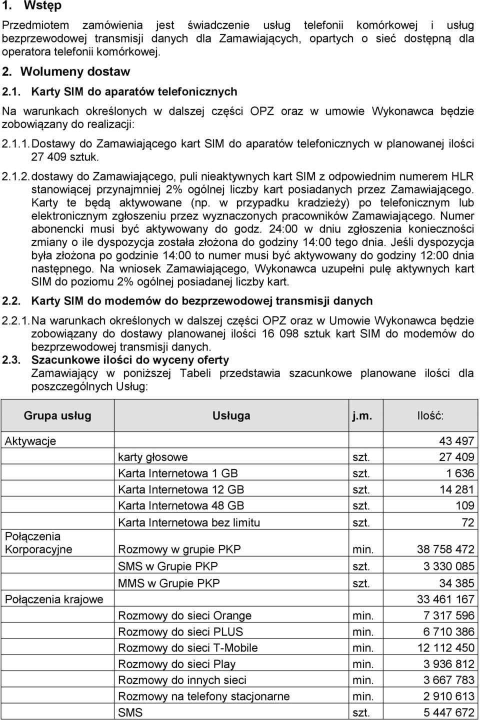 2.1.2. dostawy do Zamawiającego, puli nieaktywnych kart SIM z odpowiednim numerem HLR stanowiącej przynajmniej 2% ogólnej liczby kart posiadanych przez Zamawiającego. Karty te będą aktywowane (np.